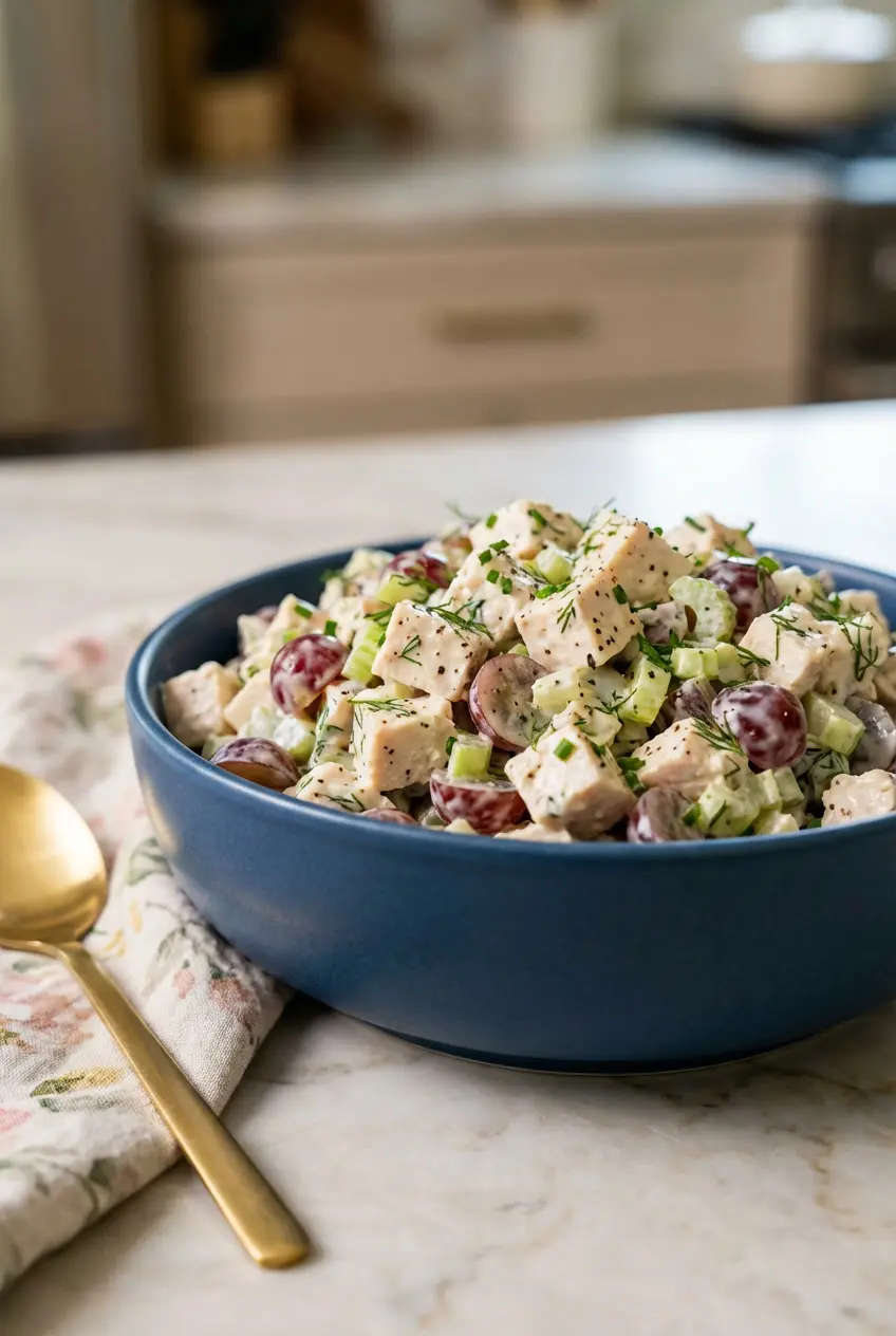 Creamy chicken salad with grapes, celery, and herbs served in a blue bowl