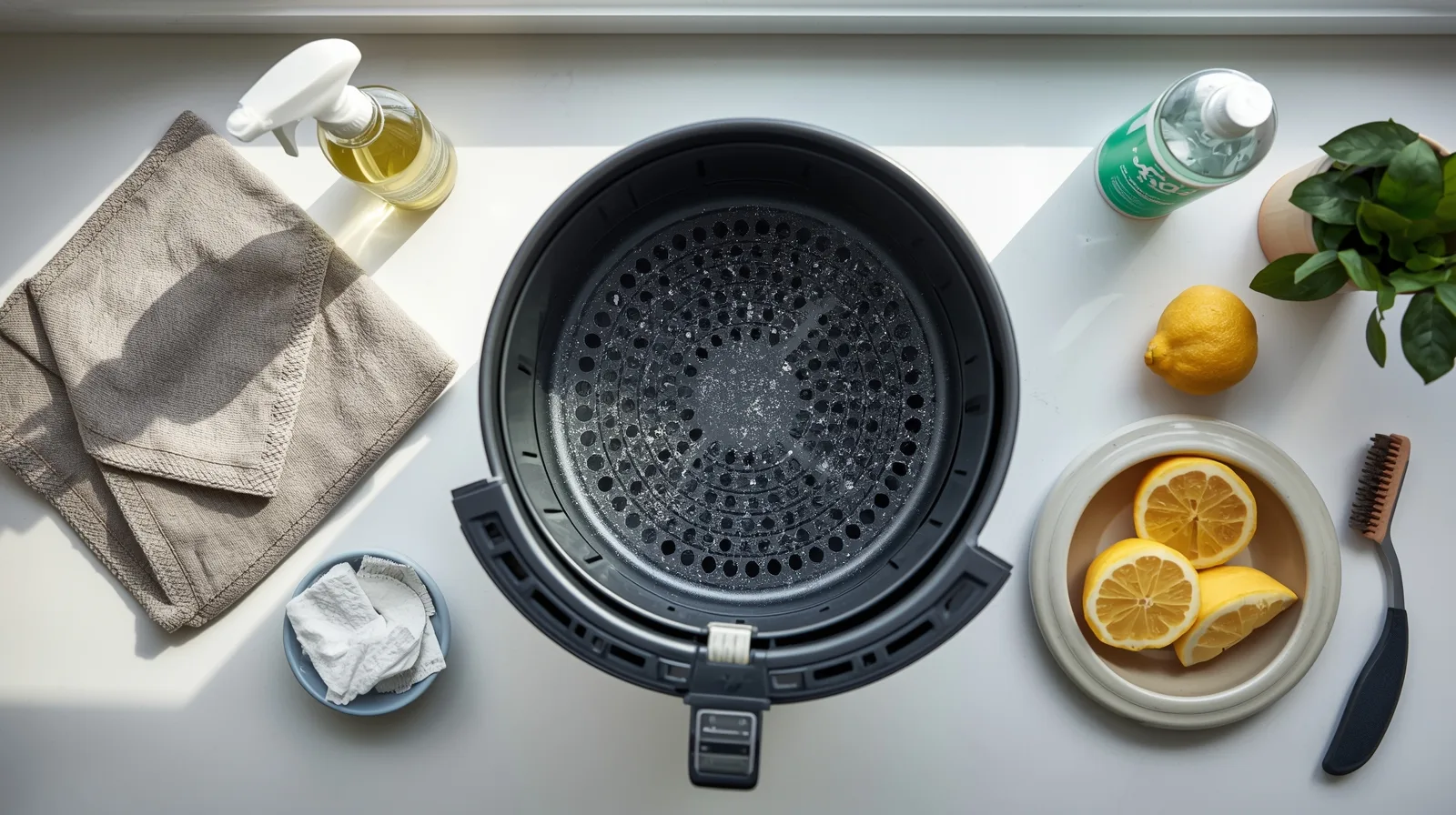 Clean air fryer basket with natural cleaning supplies including baking soda, lemon, and microfiber cloth