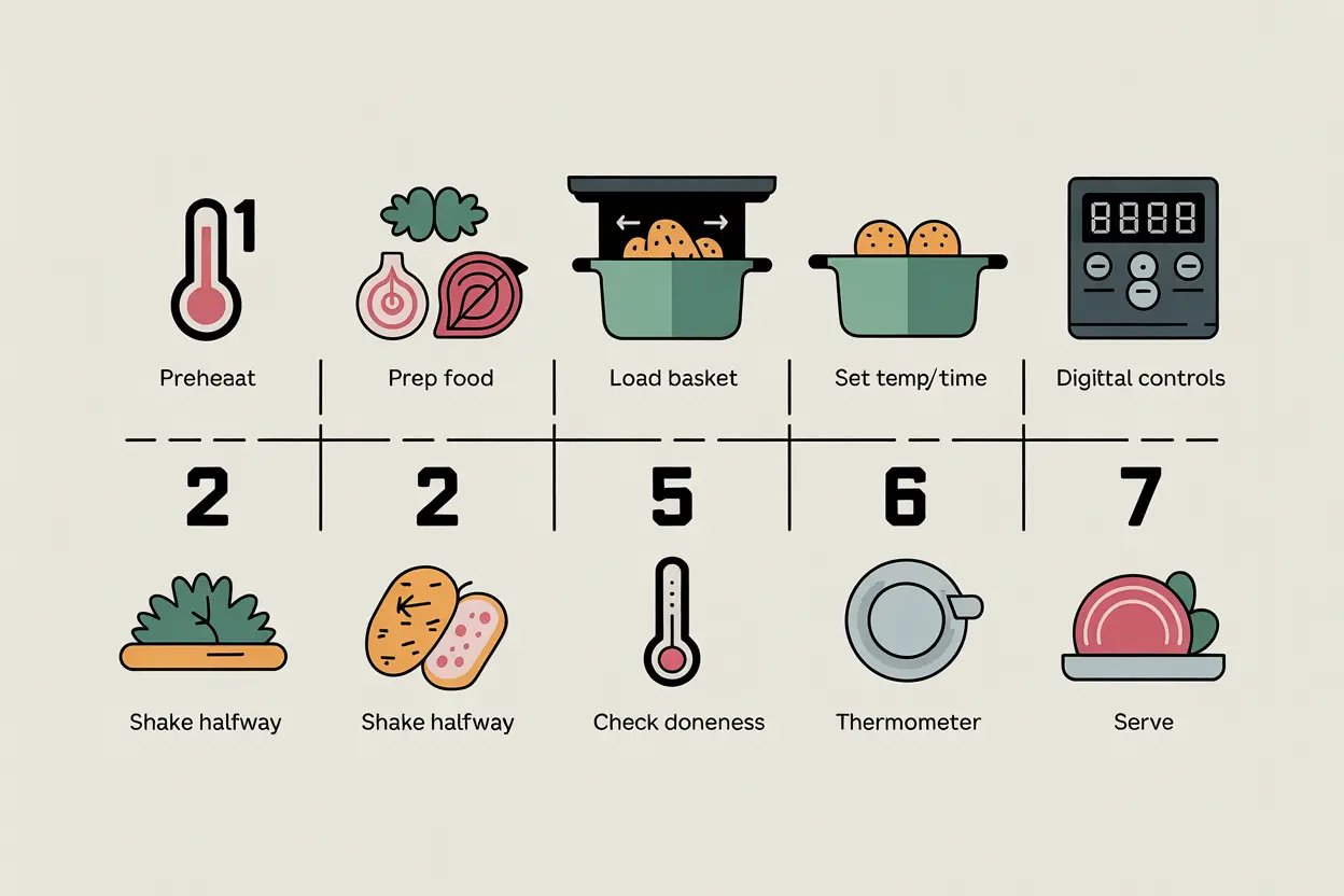 Step-by-step air fryer usage guide infographic showing beginner-friendly cooking process from preheat to serving