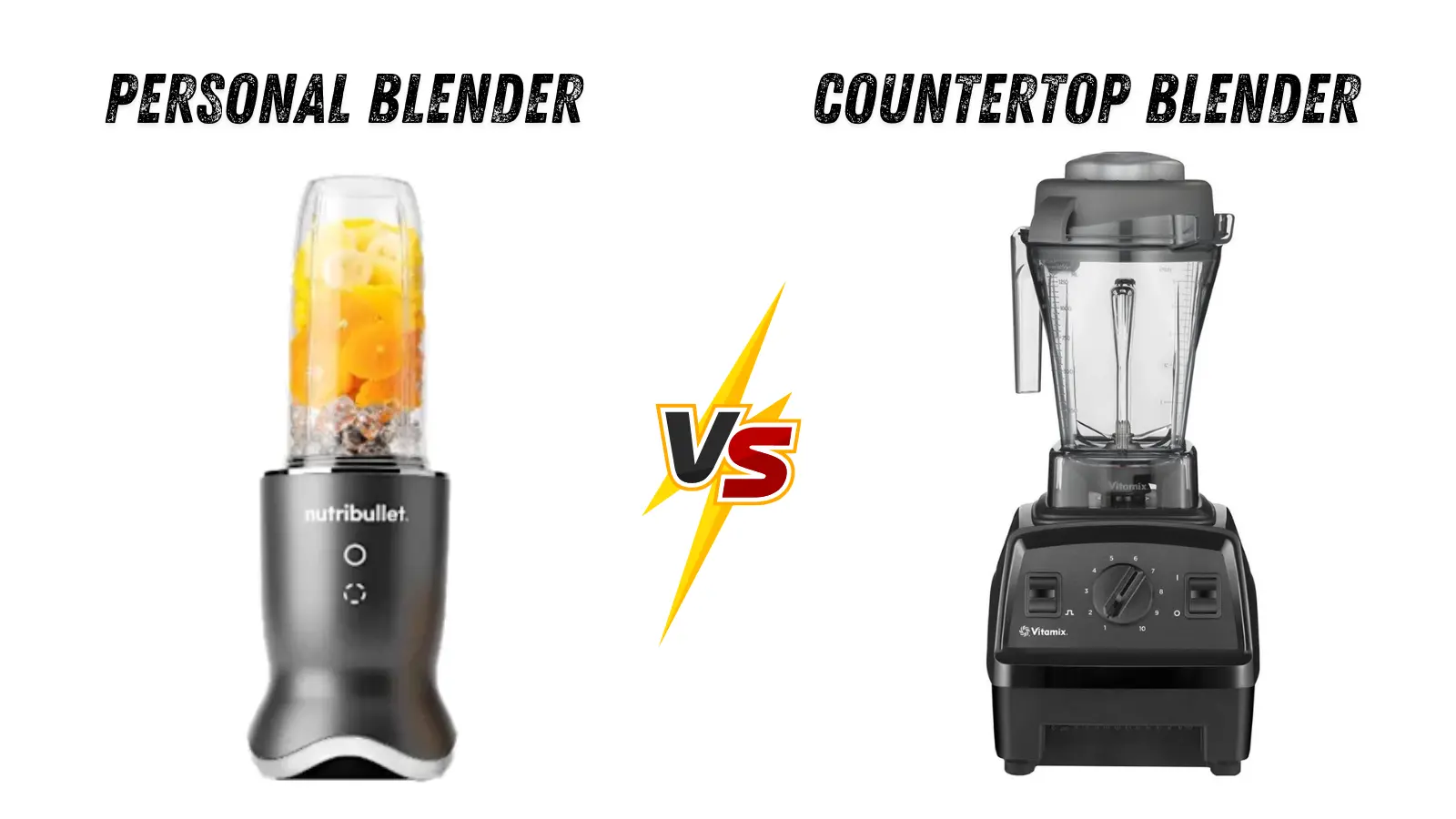Personal blender with single-serve green smoothie cup next to a full-size countertop blender with large pitcher on a kitchen counter