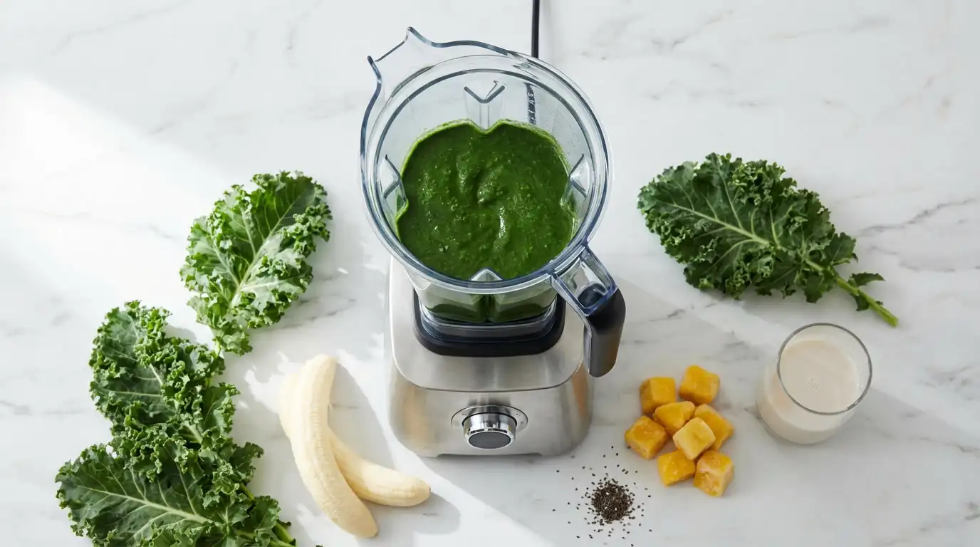 High-performance countertop blender with green smoothie ingredients on a kitchen countertop — best blender buying guide 2026