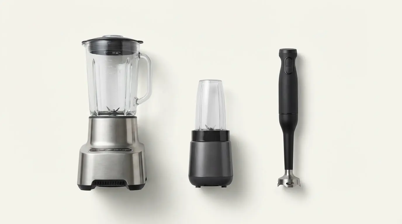 Side-by-side comparison of three blender types: full-size countertop blender, personal blender, and immersion stick blender