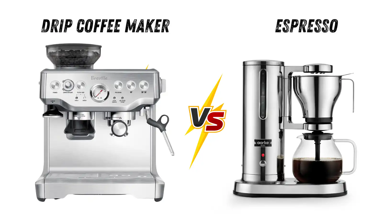 Side by side comparison of a drip coffee maker and espresso machine on a kitchen counter