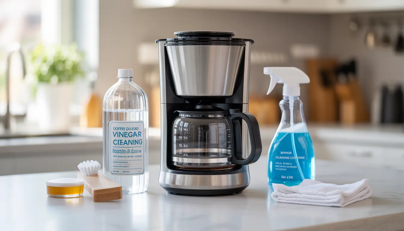 Coffee maker being cleaned with vinegar solution and cleaning supplies on kitchen counter