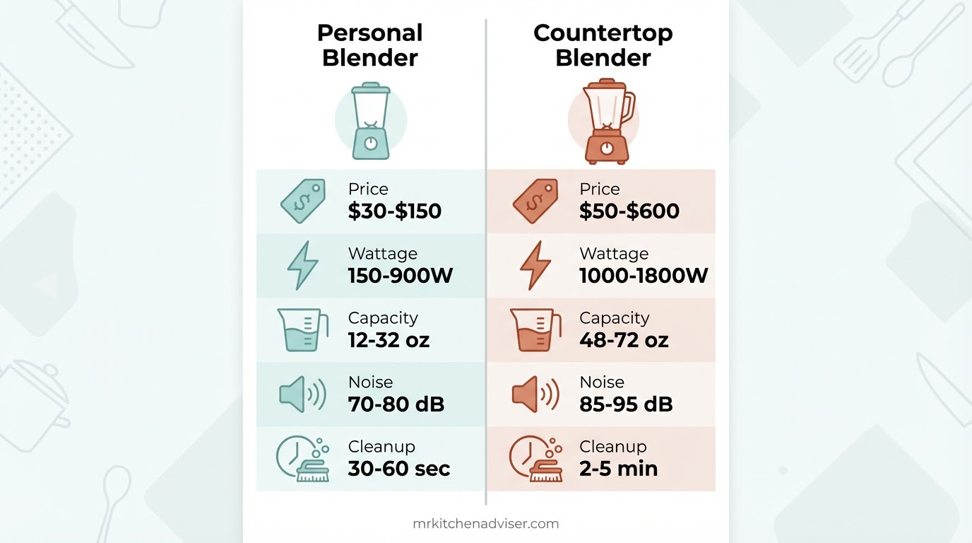 Comparison chart showing personal blender vs countertop blender specs including price, wattage, capacity, noise level, and cleanup time
