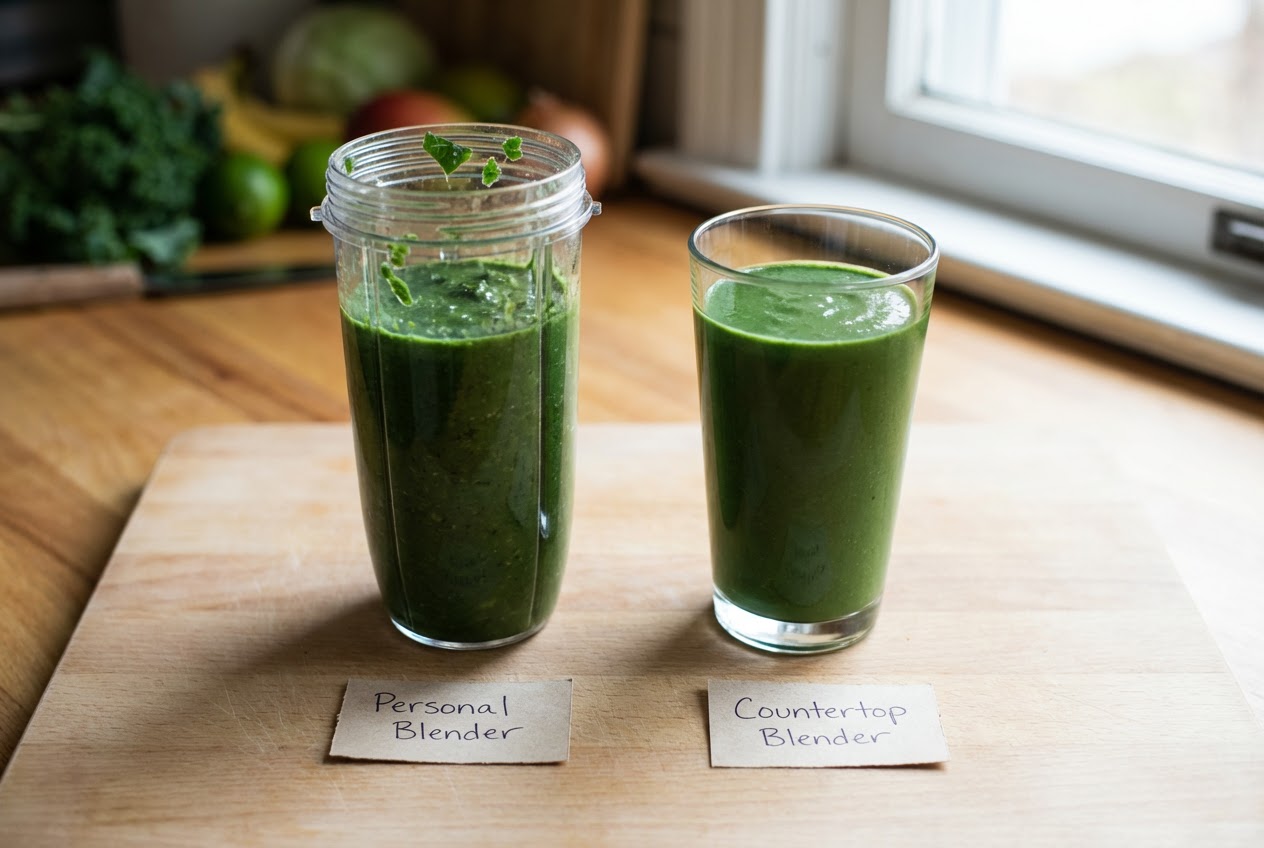 Two green smoothies side by side showing texture difference between a personal blender result with visible flecks and a smooth countertop blender result