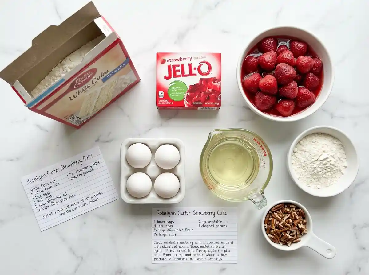 rosalynn-carter-strawberry-cake-ingredients Ingredients for Rosalynn Carter strawberry cake including white cake mix, strawberry Jell-O, frozen strawberries, eggs, vegetable oil, flour, and pecans