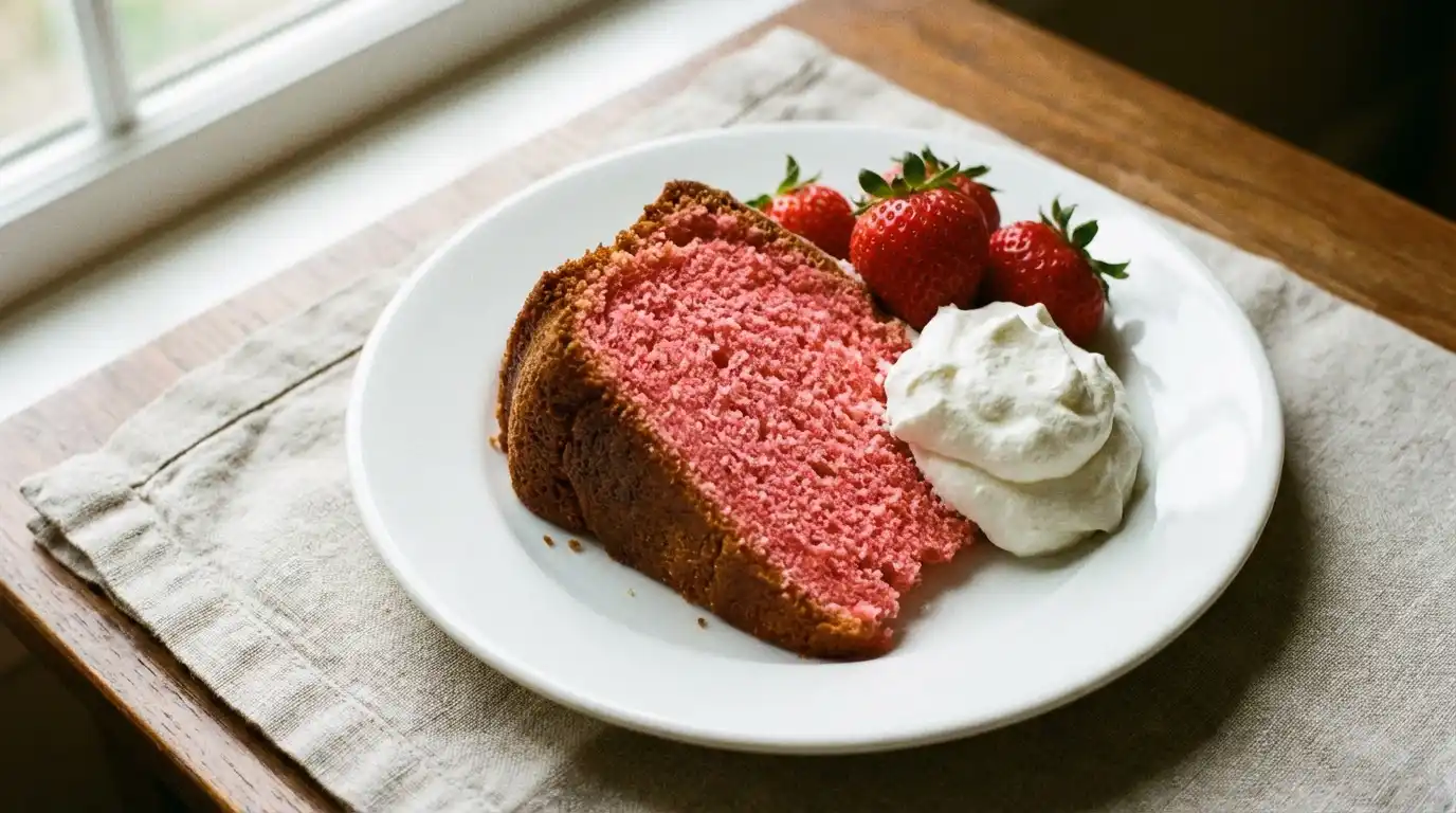 rosalynn-carter-strawberry-cake-slice Rosalynn Carter strawberry cake sliced on a white plate with fresh strawberries and whipped cream