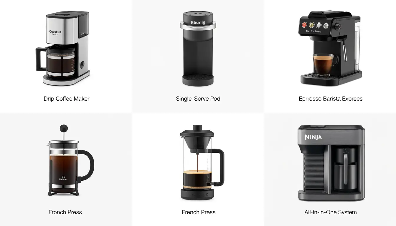 Five types of coffee makers including drip brewer, espresso machine, Keurig, French press, and all-in-one system