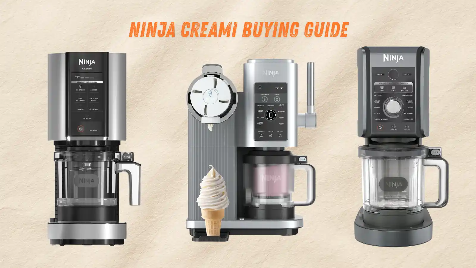 Ninja Creami NC300, NC301, and NC501 Deluxe models side by side on kitchen counter 2026