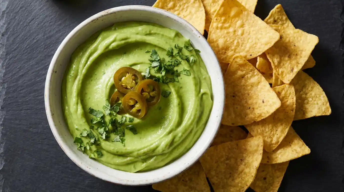 Cardi B dip recipe — creamy avocado jalapeño dip served in a white bowl with tortilla chips
