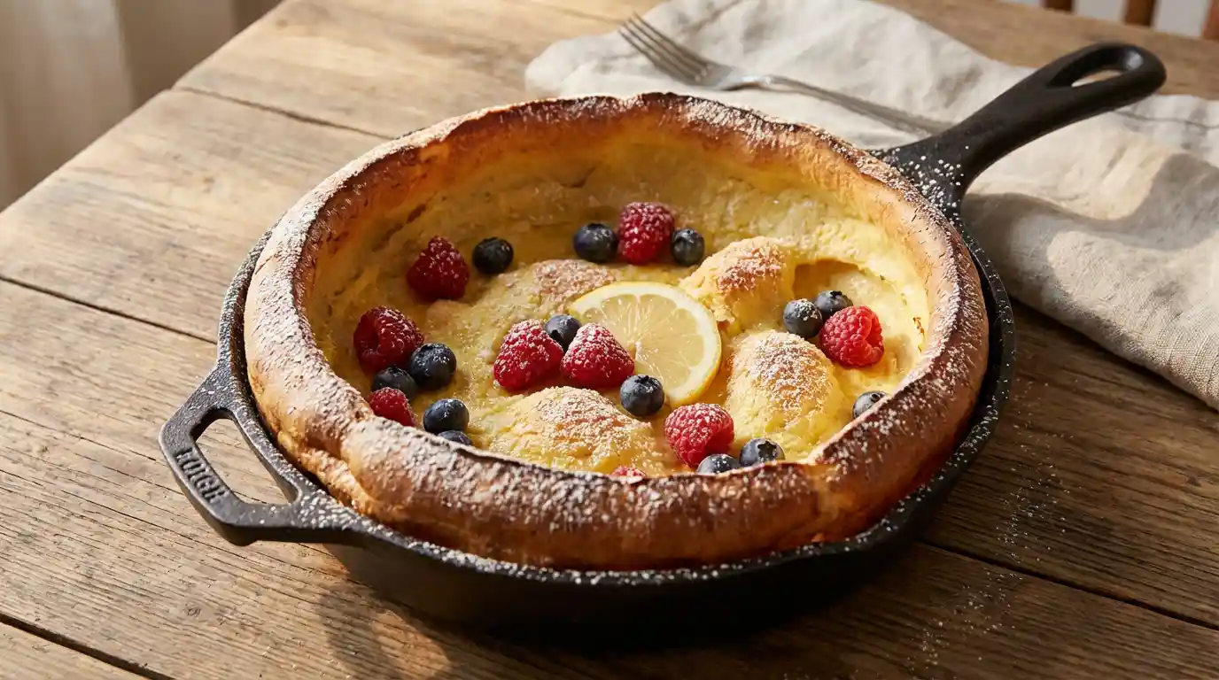 Perfectly puffed Dutch Baby pancake with golden-brown billowy edges in a cast iron skillet topped with powdered sugar and fresh berries