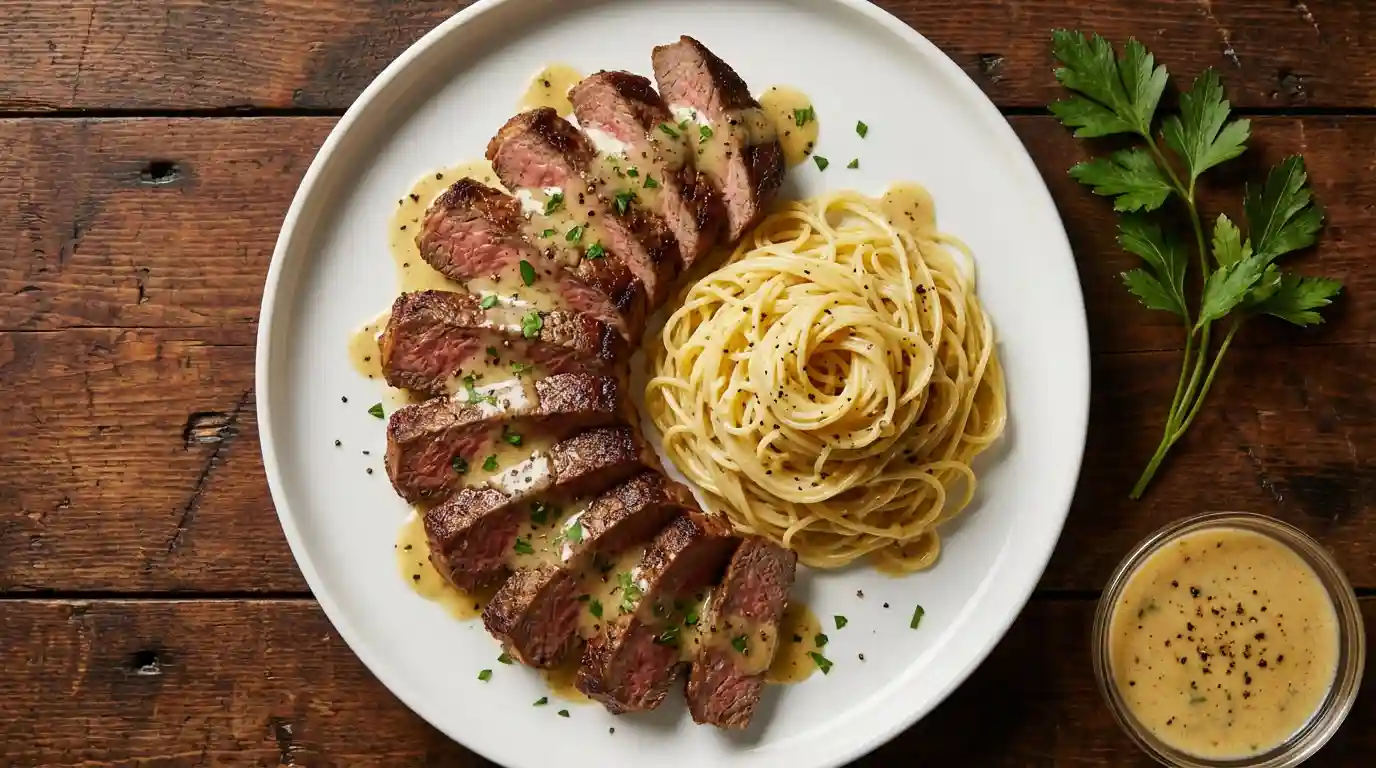 Labouchere sauce poured over sliced sirloin steak with angel hair pasta on a white plate