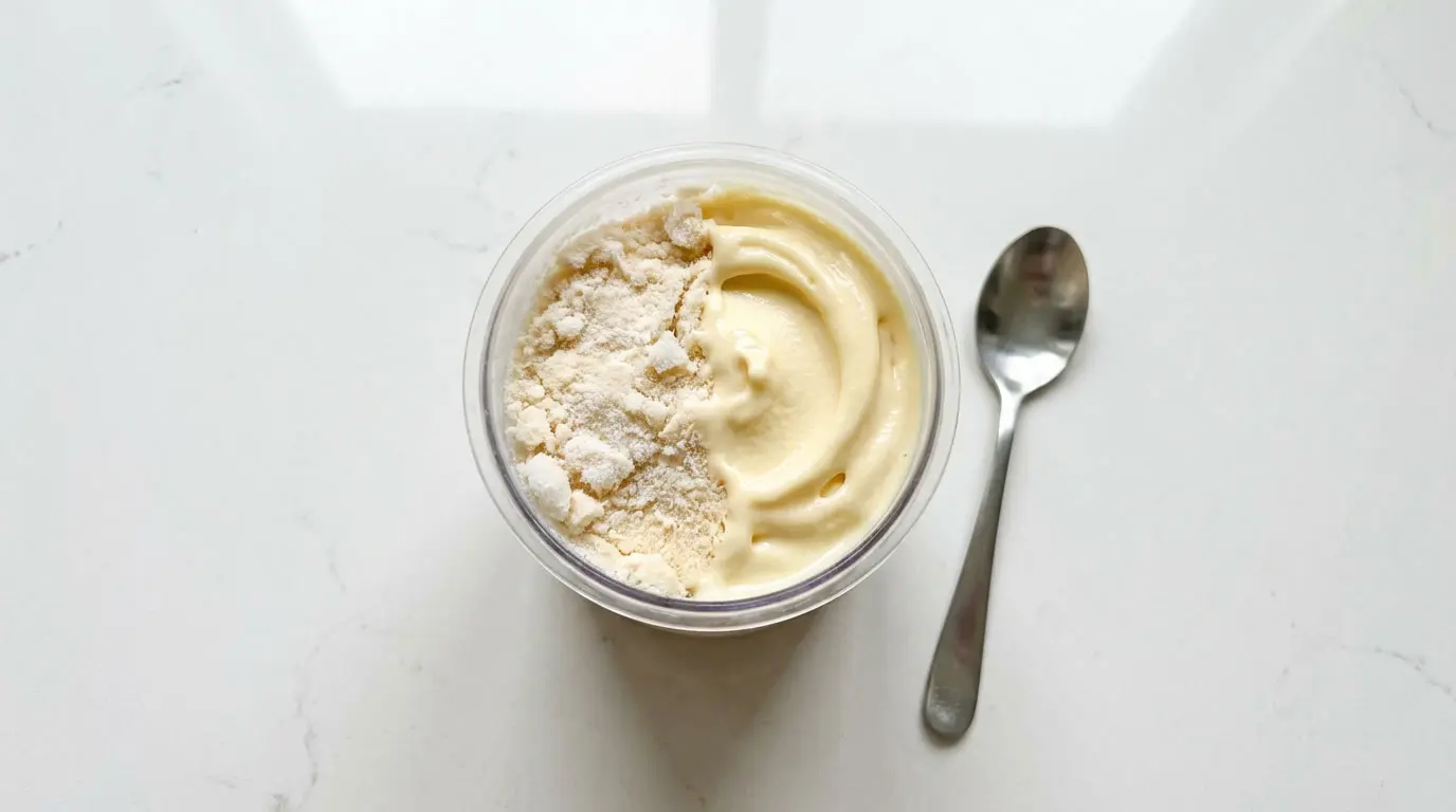 Ninja CREAMi pint showing crumbly powdery ice cream texture before re-spin fix