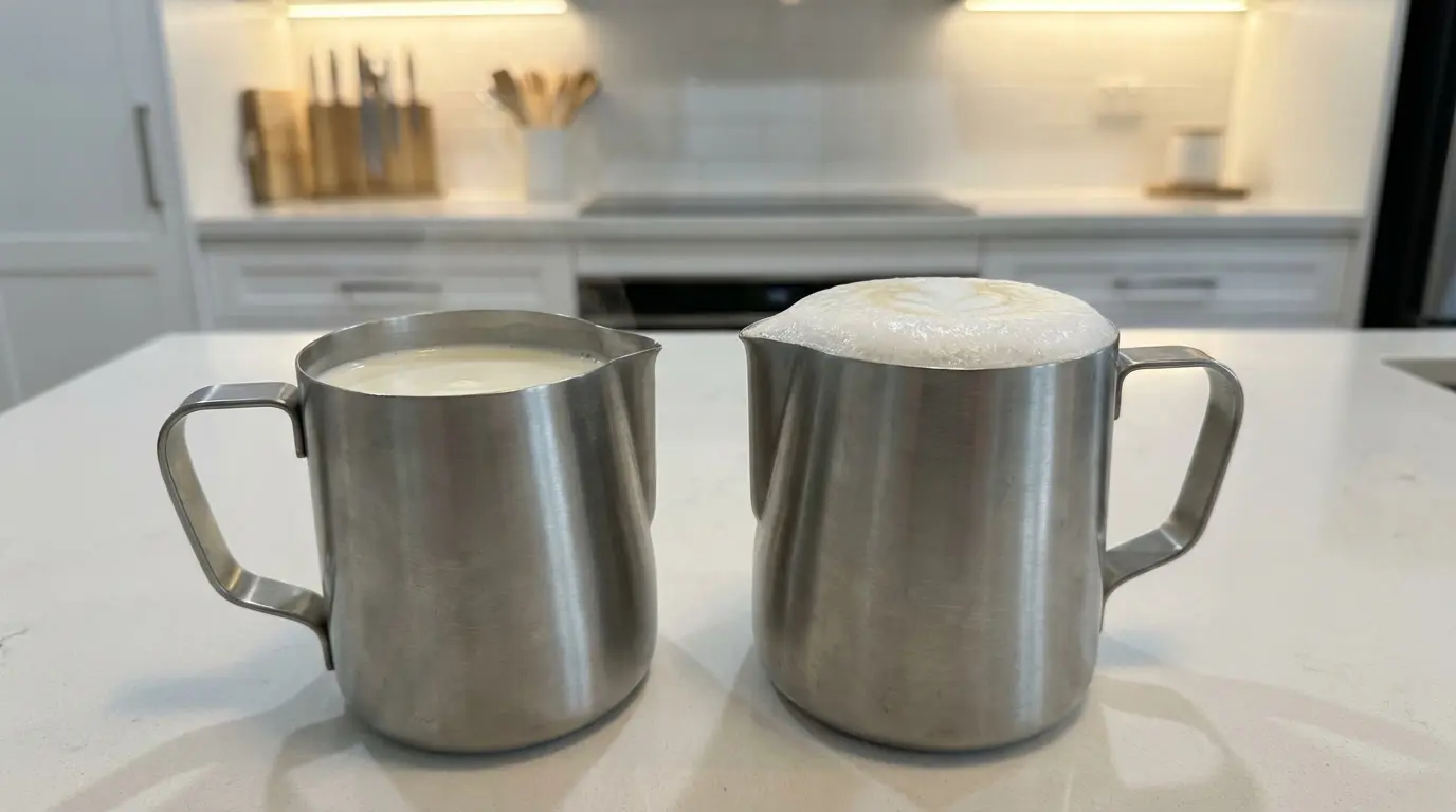 Side by side comparison of unfoamed milk versus properly frothed microfoam in stainless steel milk jugs