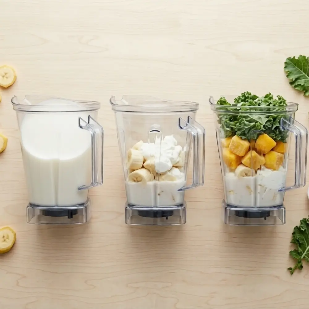 smoothie-blender-ingredient-layering-order-liquid-soft-frozen Three blender jars showing the correct smoothie ingredient layering order: liquid first, soft ingredients second, frozen fruit last