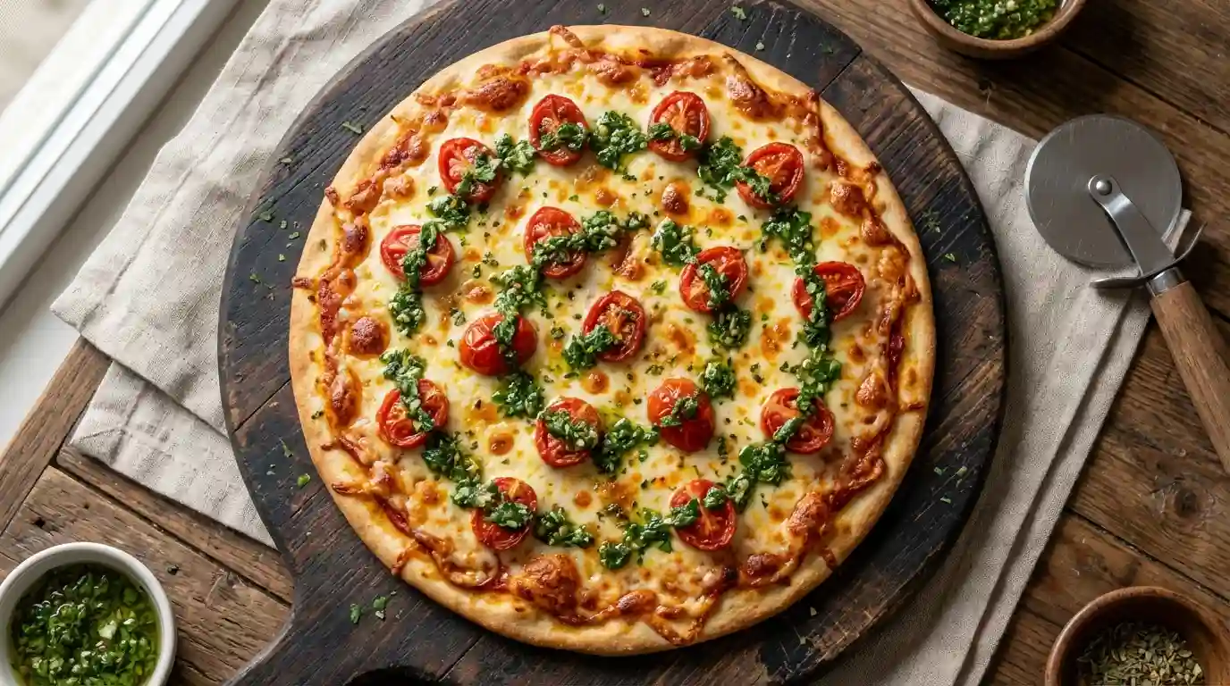 Overhead shot of a freshly sliced sweet tomatoes chimichurri pizza with vibrant green herb sauce drizzled on top and cherry tomatoes