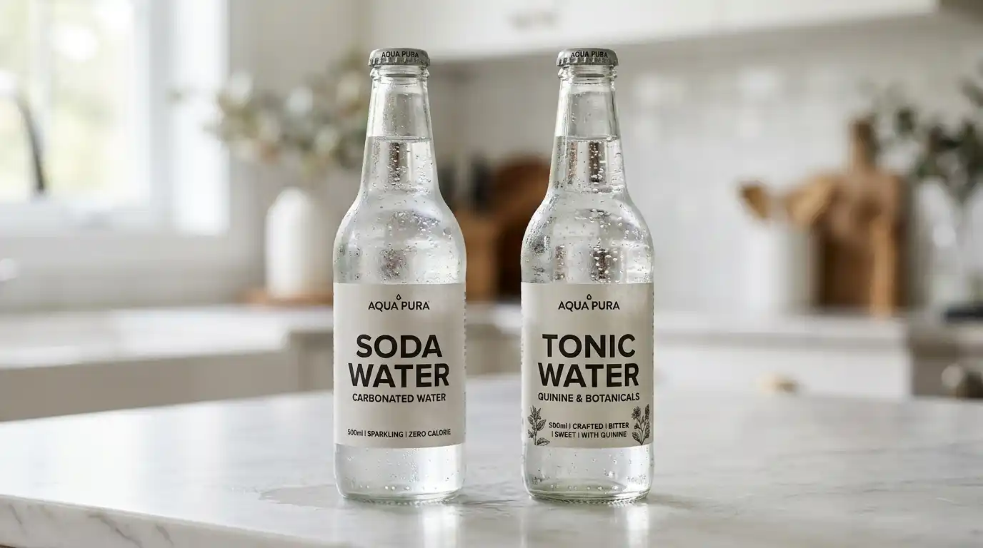 Soda water and tonic water bottles side by side on a kitchen counter showing similar packaging