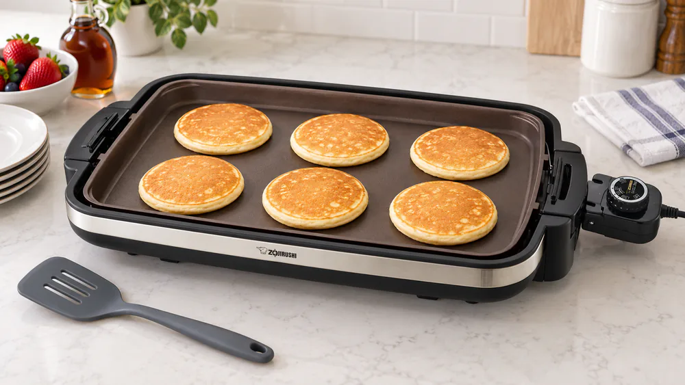 Rows of golden pancakes cooking on the ceramic plate of a Zojirushi Gourmet Sizzler griddle with a spatula resting beside them