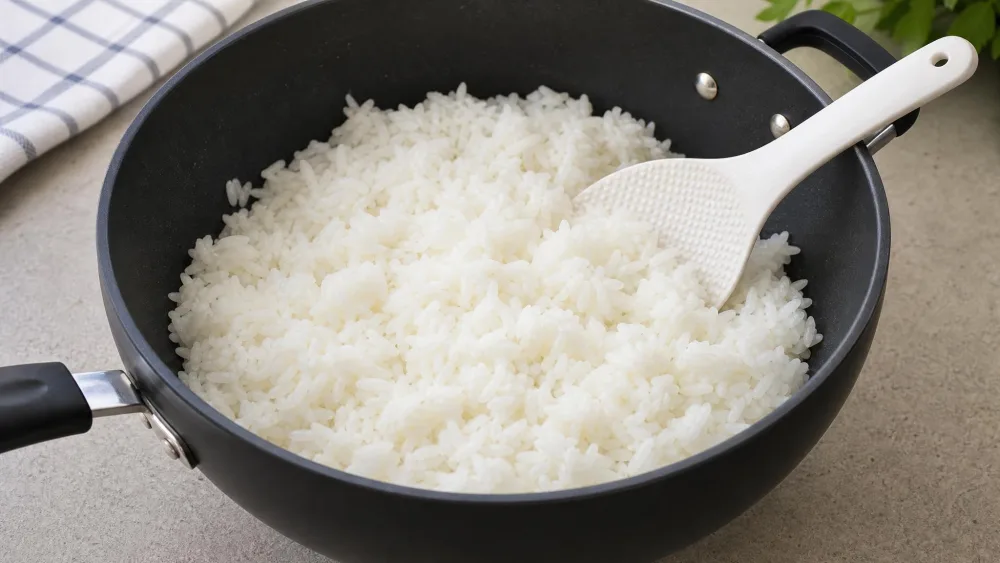 A spherical nonstick pan of fluffy cooked white rice with a rice paddle, distinct separated grains.